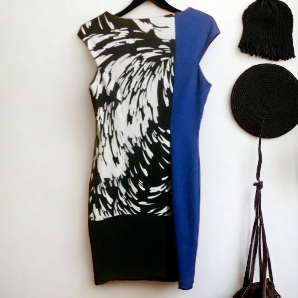 Maggy London Color Block/Print Sheath Dress Black White Royal Blue Size 10 - Picture 5 of 9